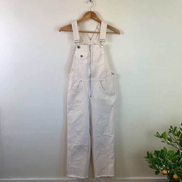 Reformation Pants - Reformation Benji Overalls 0 XS Ivory White Raw Frayed Hem Ankle Cropped